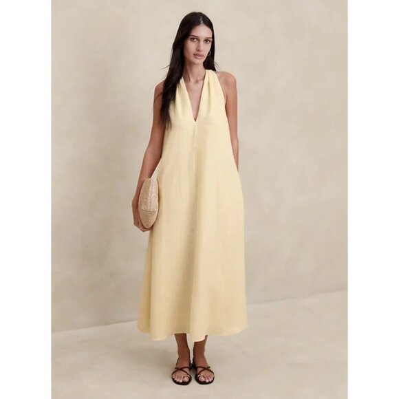 Banana Republic Linen Midi Dress Trapeze V Neck Sleeveless Butter Yellow Small - Picture 1 of 8